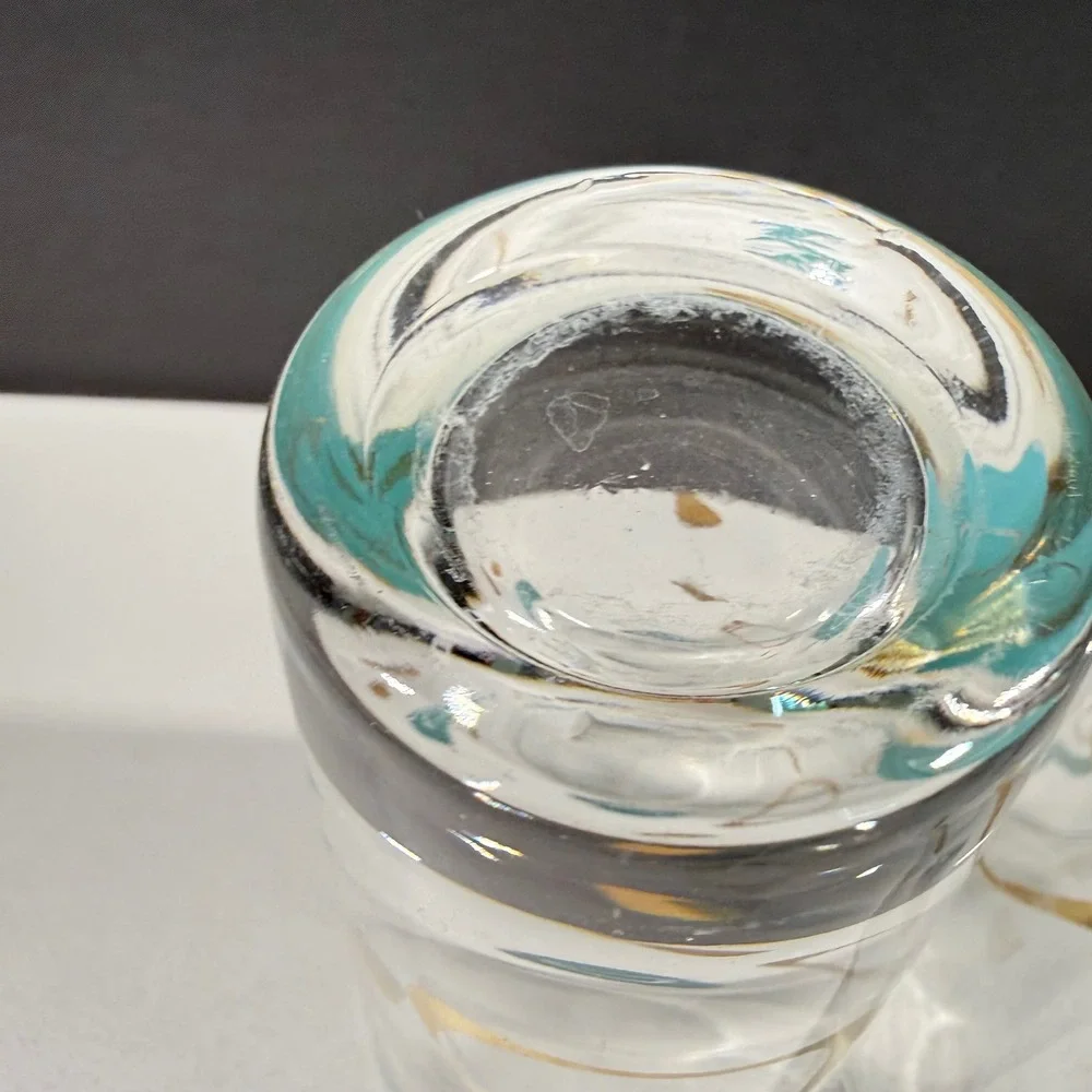 Vintage Mid Century Modern Atomic Boomerang Highball Glasses Teal Gold Set of 2